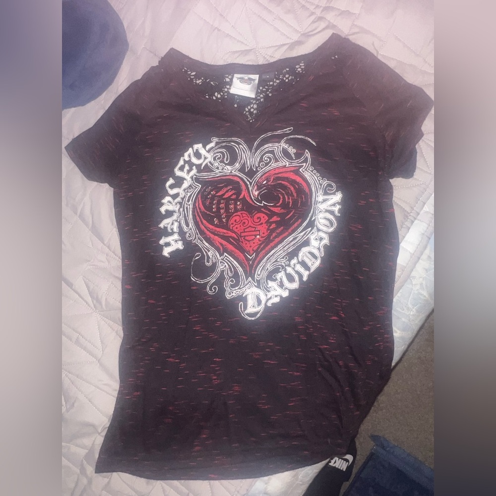 Haley Davidson Red & Black Heart Shirt Small Y2K Lace